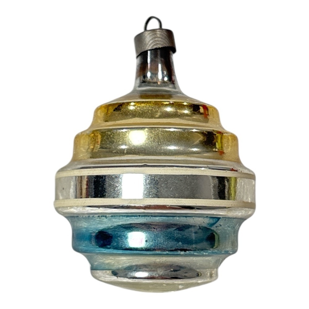 Vtg Premier Glass Tornado Swirl Barrel Spinning Top Christmas Ornament Gold Blue